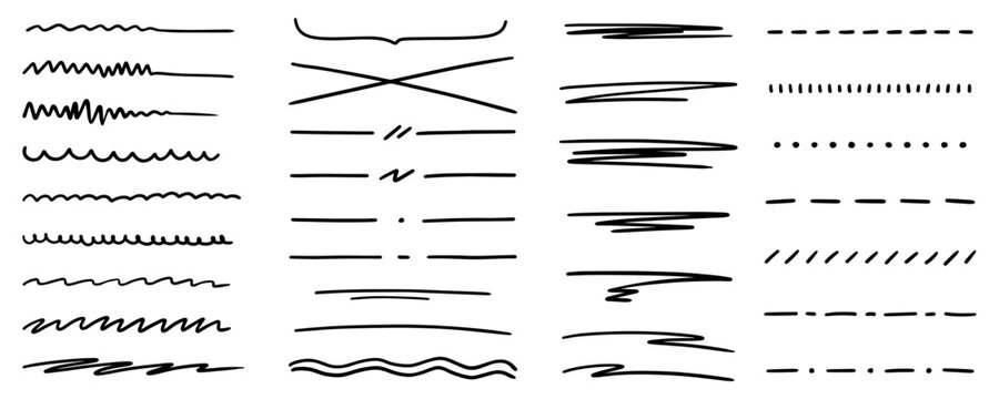 Set of abstract curved hand drawn lines, underline, highlight lines, underline strokes, scribbles, dots, dashes. Wavy, straight, curved lines.