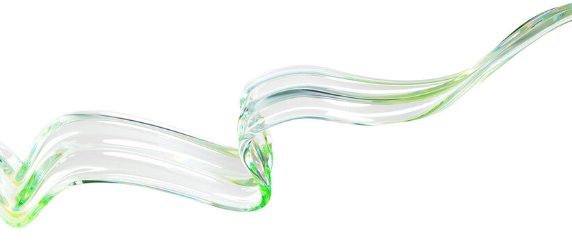 3d abstract liquid glass clear ribbon wave line isolated on transparent background render. Water fluid flow curve shape with holographic green blue gradient texture, dispersion light. 3D illustration