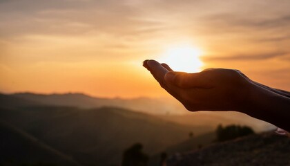 Hand of muslim people praying with hill landscape background	
