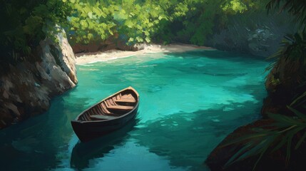 Serene Tropical Cove with a Single Boat on Crystal Clear Water