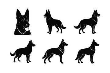 Set of German Shepherd dog silhouettes on white background