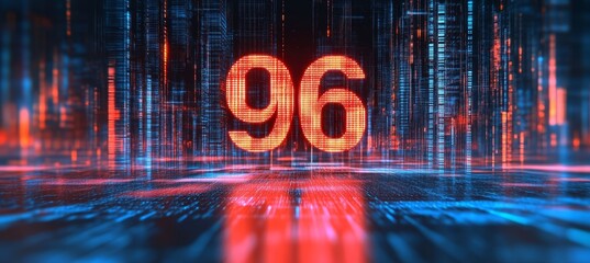Glowing Digital Number 96 on a Futuristic Abstract Background, Technology and Innovation Concept.