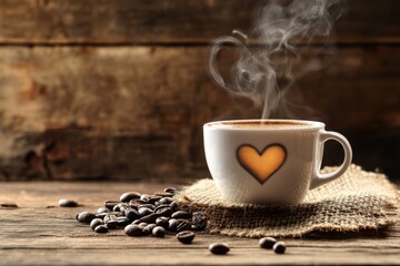 Steaming coffee cup with heart design on rustic wood, surrounded by coffee beans. (1)