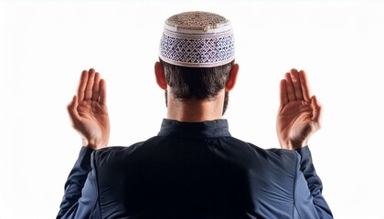 Naklejka premium Back view of young muslim man praying. Concept of praying for blessing from God. Praying hands 