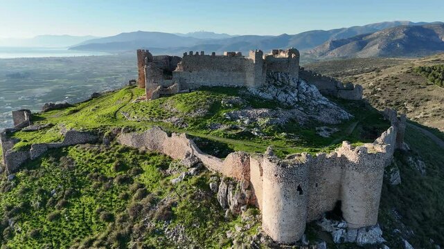 Aerial view of Larisa Castle in Argos, Peloponnese, Greece at sunrise