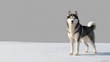 Fototapeta premium Siberian Husky Standing on Snow-Covered Ground with Gray Sky, Minimalist Winter Landscape and Natural Light 
