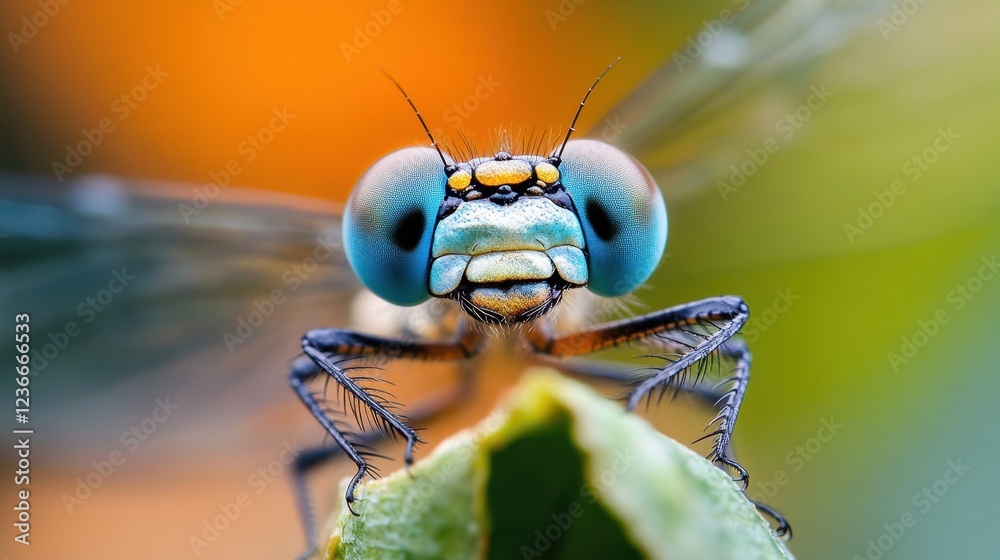 Poster close-up of a vibrant dragonfly resting on a leaf in a colorful garden during late afternoon hours