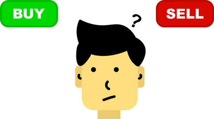 investment confusion character head with buy and sell labels, struggling with financial choices