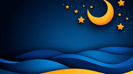 Fototapeta premium Serene night scene with a crescent moon and stars. Paper cut-out style.