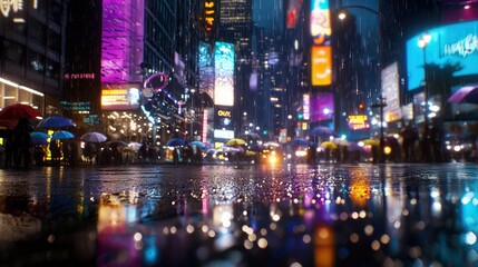 Obraz premium Vibrant Urban Night Scene of Rainy City Street with Colorful Neon Lights and Crowded Umbrellas