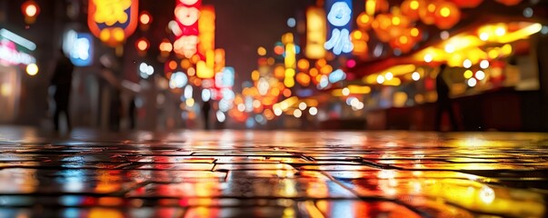 Vibrant Night Market Scene with Colorful Lanterns and Reflections on Wet Pavement