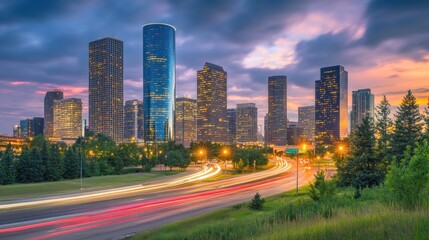 Fototapeta premium Skyline at Dusk: Vibrant Cityscape with Highway Lights