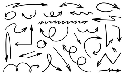 Set of hand-drawn black arrows of different shapes and types on a white background. Arrow straight, wavy, twisted, zigzag, round.