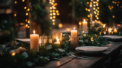 rustic garden wedding decor concept featuring hanging fairy lights and wooden chairs in an elegant outdoor setting advertising banner