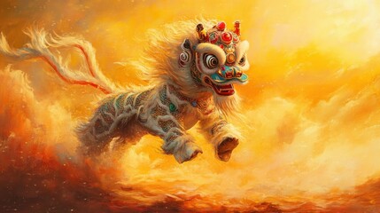 Majestic Lion Dance Performance In Golden Light