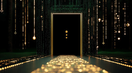 Obraz premium Digital Golden Gate with glowing digital matrix elements, with a futuristic and sleek feel