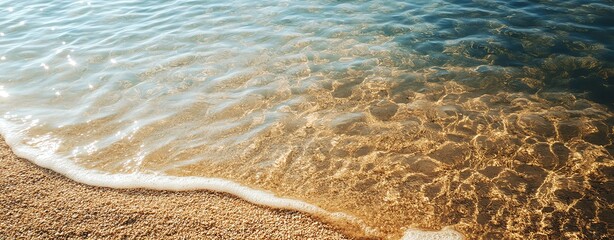 Crystal clear water gently meets sandy shore.