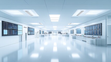 Modern Sterile White Control Room With Large Screens