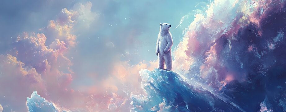 A polar bear stands on an icy peak.