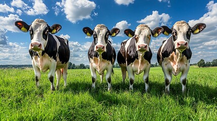 Four Charming Holstein Cows Standing in Green Pasture Under a Bright Blue Sky with Fluffy White Clouds, Symbolizing Rural Life and Agriculture