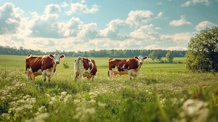 Fototapeta premium Three Brown and White Cows Grazing in Lush Green Meadow under a Blue Sky with Fluffy White Clouds in a Rural Landscape Setting