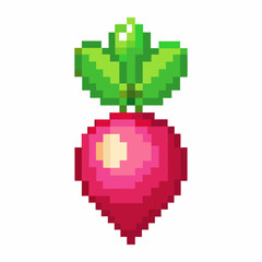 Fototapeta premium Pixel Art Radish Icon with Green Leaves on White Background