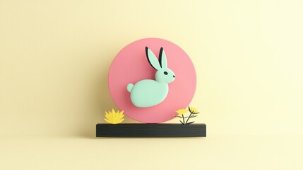 Cute Rabbit Illustration with Floral Elements and Circle