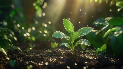 A green sprout growing on a fertile garden bed with the sunlight casting soft shadows and glistening dew on the leaves.