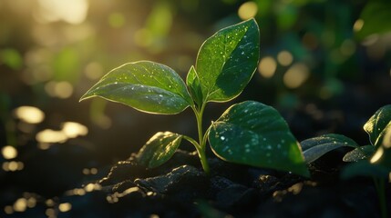 A green sprout growing on a fertile garden bed with the sunlight casting soft shadows and glistening dew on the leaves.