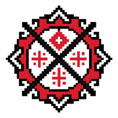Geometric Pixel Art with Red and Black Tribal Motif