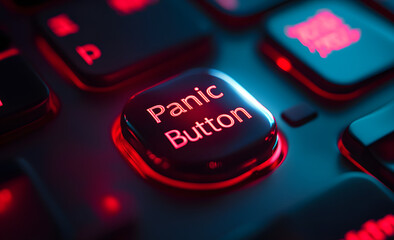Close-up of a glowing red Panic Button on a keyboard, representing urgency, emergency, or critical situations.