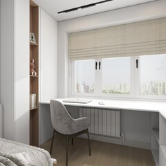 A modern minimalist workspace with a white desk, a soft gray chair, and built-in storage. A large window with beige blinds offers a stunning city view