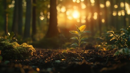 Obraz premium A young green plant emerging from the soil, illuminated by soft golden sunlight in a serene forest setting.