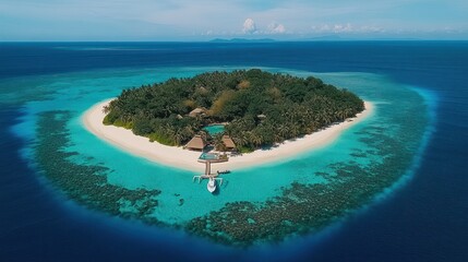 Aerial View of a Luxurious Private Island Resort in the Tropics