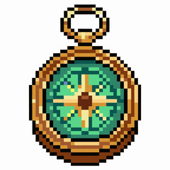 Obraz premium Pixel art of a vintage compass with green and gold design, retro style, navigation, exploration theme