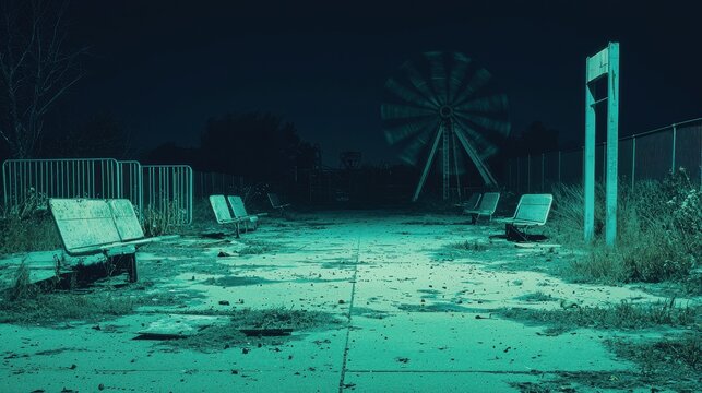 Abandoned Amusement Park at Night with Overgrown Path and Benches