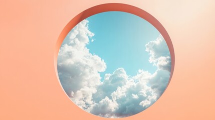 3d render, abstract wallpaper, blue sky with white clouds fly out the round hole, peachy background. Weather concept, optical illusion