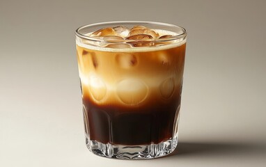 Elegant Iced Coffee with Layered Espresso and Milk in Frosty Glass against White Background