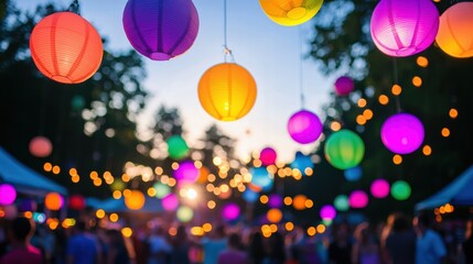 Colorful Lanterns Illuminating a Vibrant Outdoor Festival During a Summer Evening