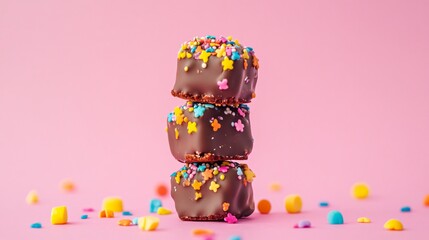 A stack of mini chocolate-dipped banana bites with colorful sprinkles, isolated on a playful pastel background