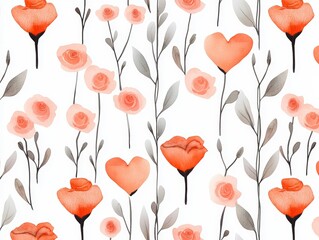 A pattern of hand-painted watercolor hearts and roses, in soft pink and red tones, on a white background, delicate and elegant