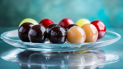A variety of grapes coated in a smooth chocolate glaze, delicately arranged on a glass plate with soft reflections and highlights