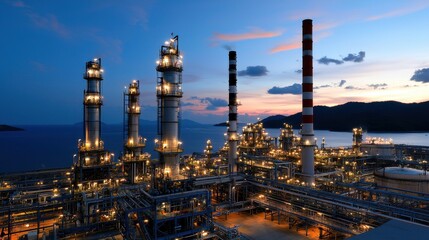 Fototapeta premium A large industrial plant with a large body of water in the background