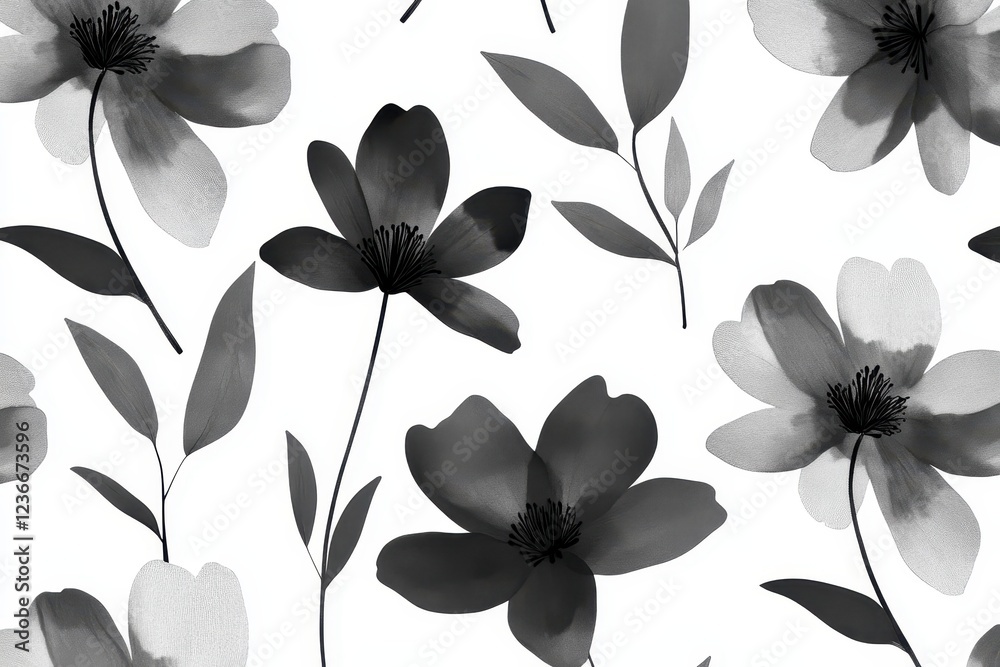 Poster black and white floral pattern featuring delicate flowers and leaves on a light background suitable 