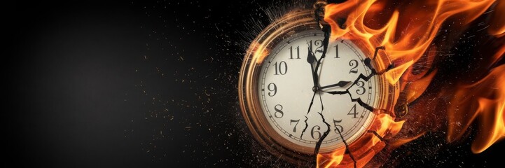 Time Running Out, A Burning Clock on a Black Background, Symbolizing Time Dissolution, Urgency, Time Management, Deadlines, and the Fragility of Time.
