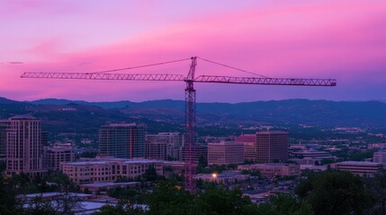 Construction Crane at Sunset Over Cityscape