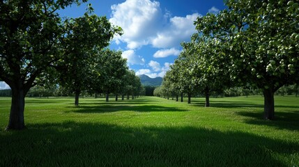 Obraz premium A large field of trees with a blue sky in the background