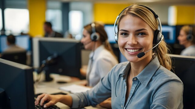 Smiling blonde customer service agent with headset in modern call center office with yellow accents, friendly professional woman providing support