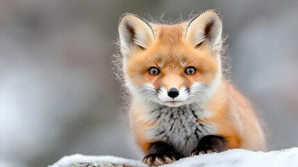 Fototapeta premium Cute fox kit in snowy winter woodland