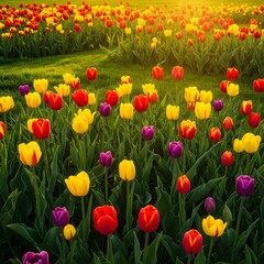 Vibrant Tulip Field at Sunset